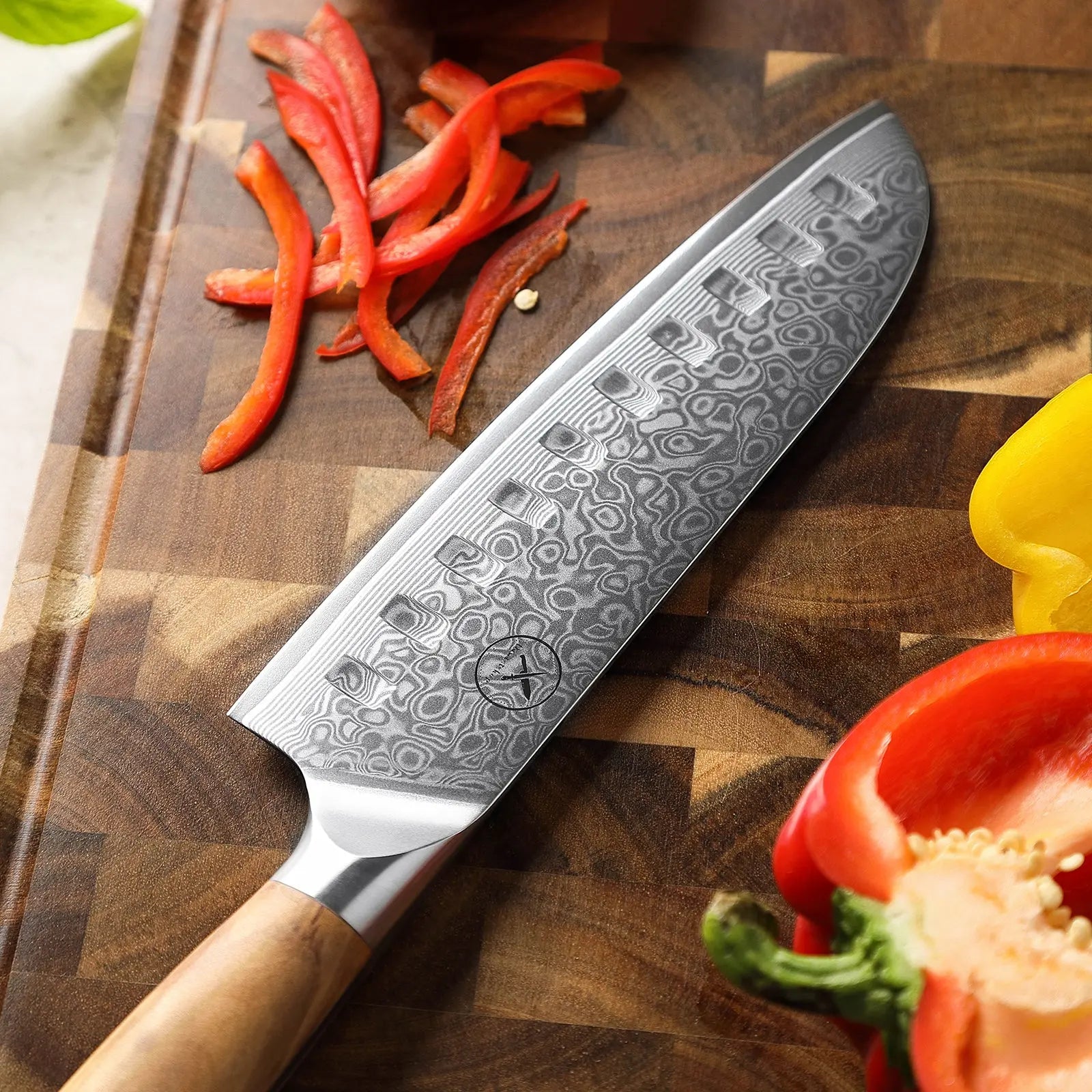 Damast Messer 5er Geschenkset Olive im Akazien Messerblock mit Schere Damastshop.de - Damastshop