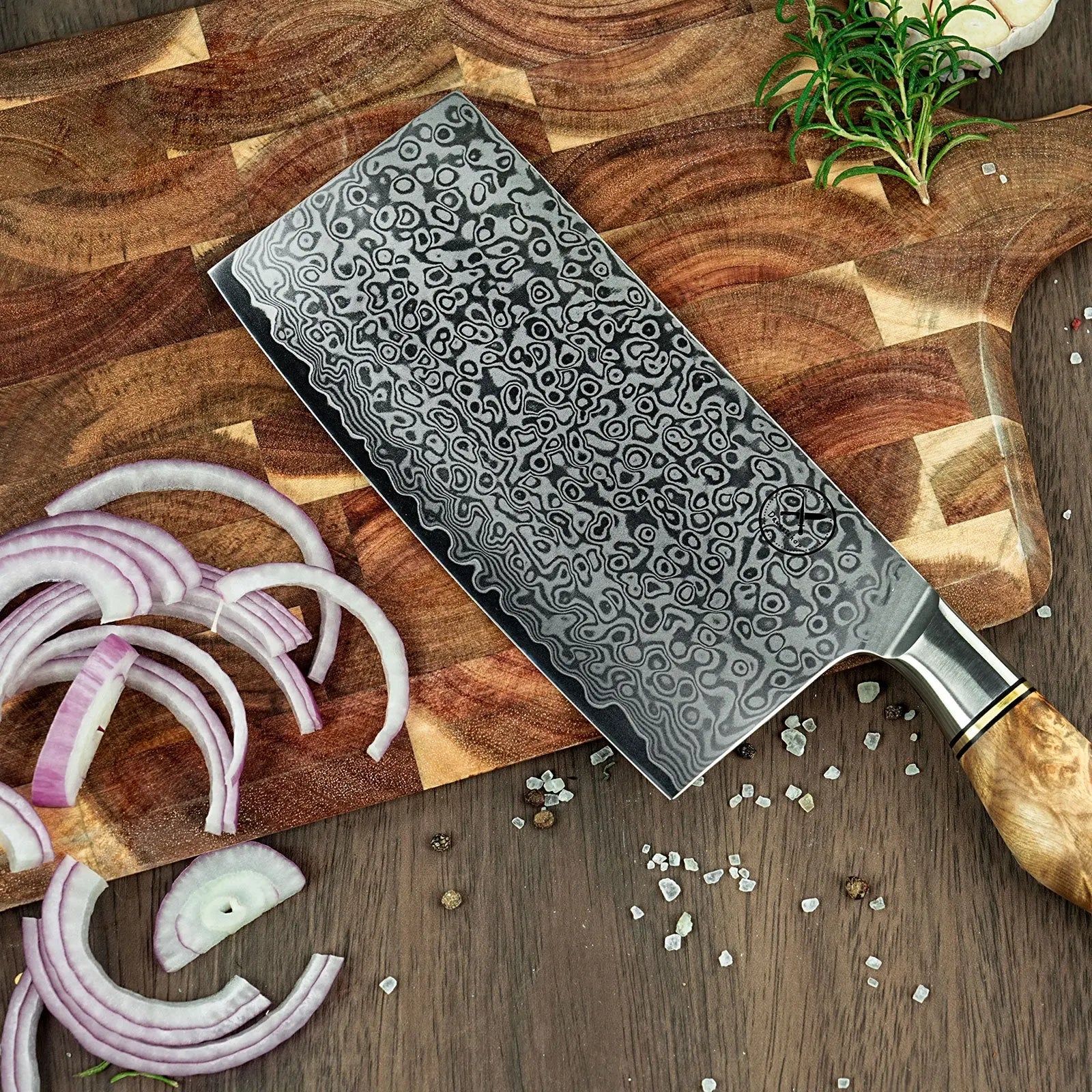 Damast Messer 5er Set Bergahorn im runden Akazien Messerblock mit Schere Draft Damastshop.de - Damastshop
