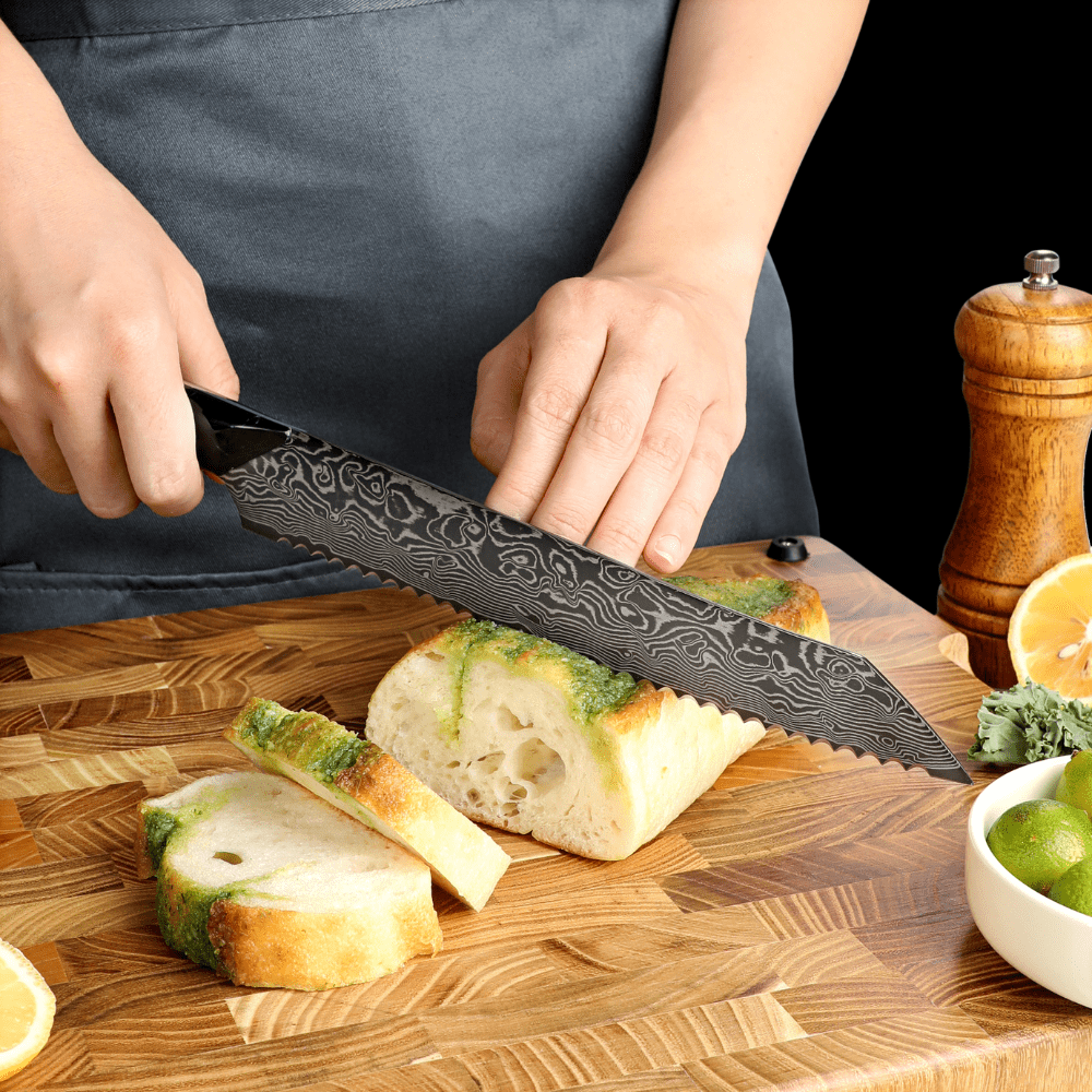 Dark Black Damast Brotmesser Wurzelholz Epoxy Damastshop.de - Damastshop