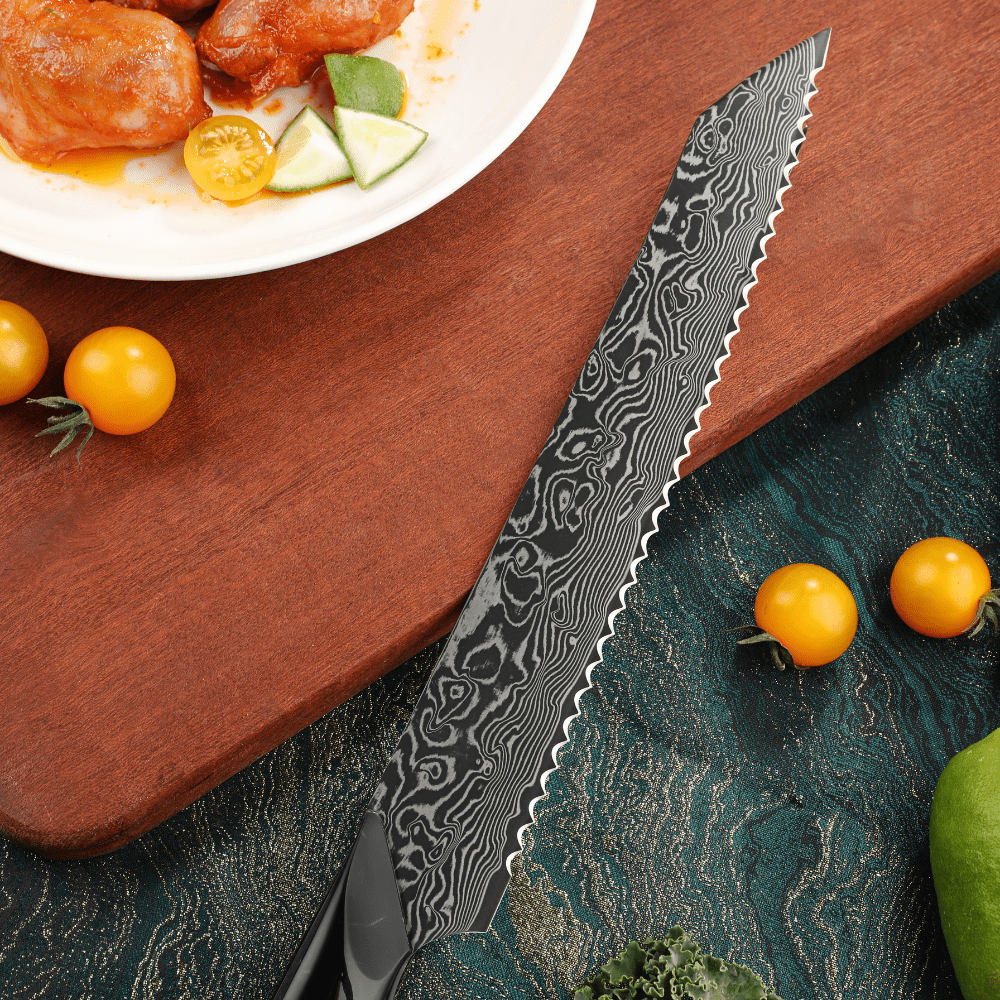 Dark Black Damast Brotmesser Wurzelholz Epoxy Damastshop.de - Damastshop
