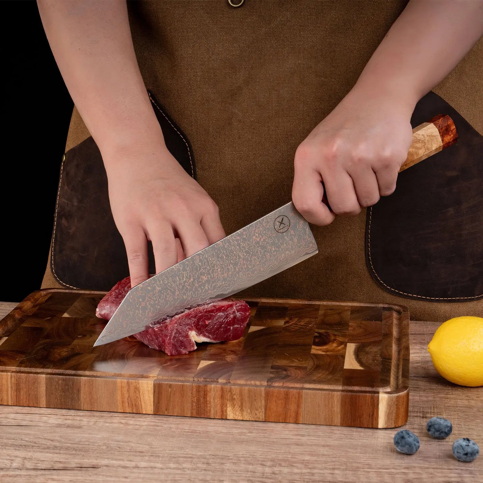 Dreifarbiges Kupfer-Damast Bunka Messer Bergahorn und Padauk Wurzelholz Damastshop.de - Damastshop