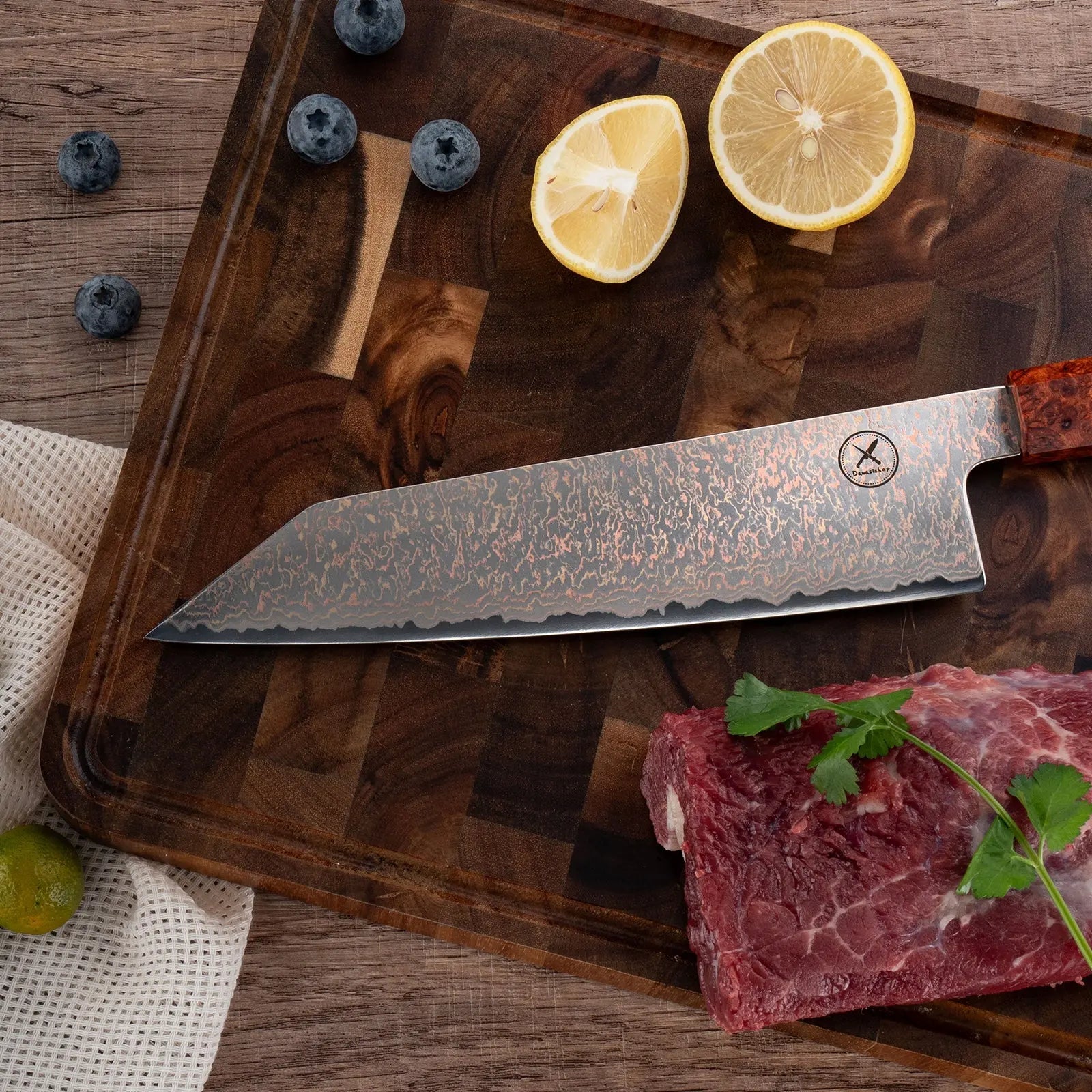 Dreifarbiges Kupfer-Damast Bunka Messer Bergahorn und Padauk Wurzelholz Damastshop.de - Damastshop