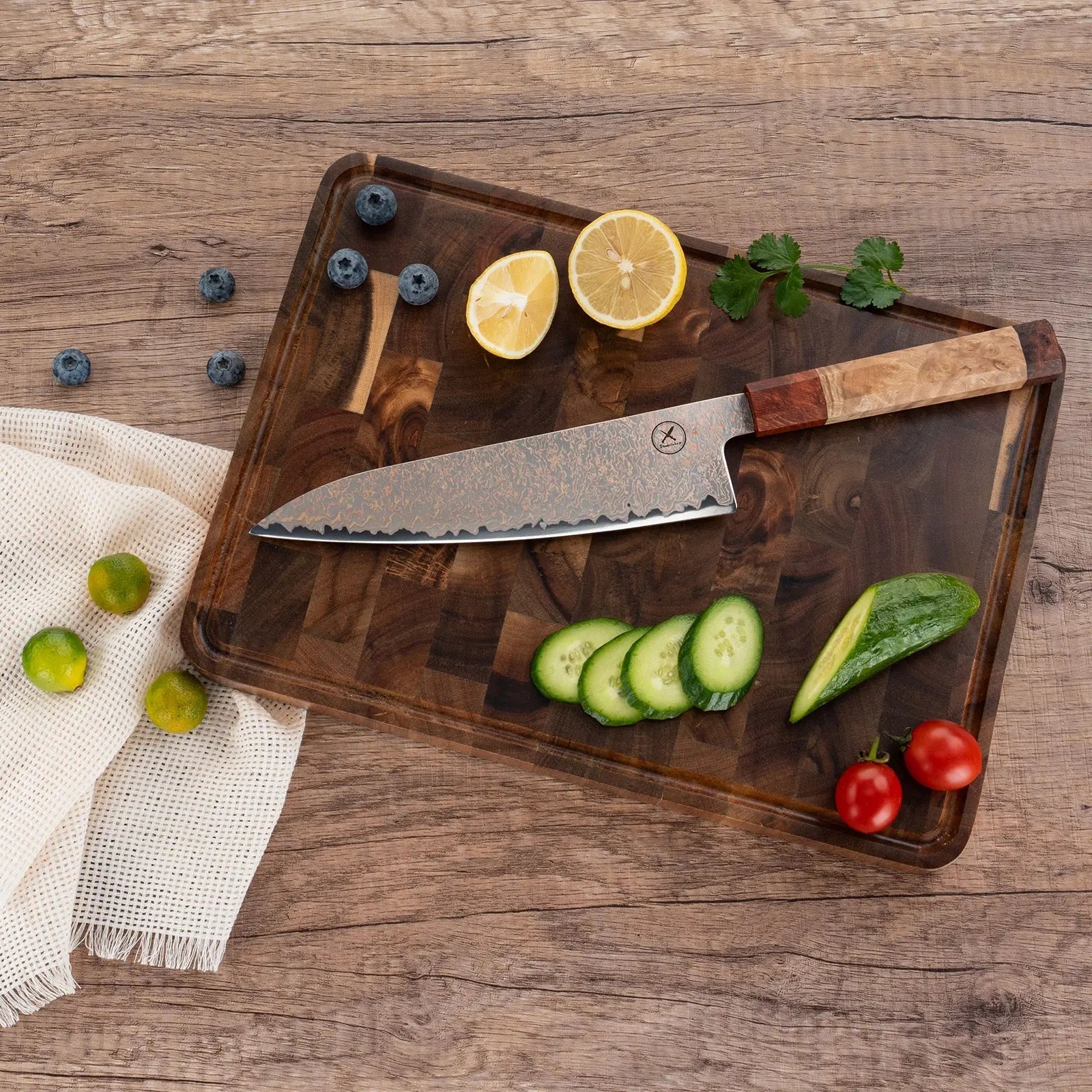 Dreifarbiges Kupfer-Damast Chefmesser Bergahorn und Padauk Wurzelholz Damastshop.de - Damastshop