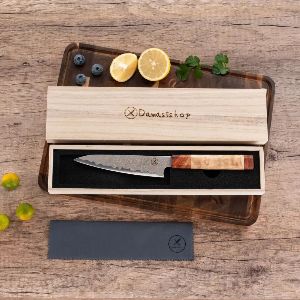 Dreifarbiges Kupfer-Damast Universalmesser Bergahorn und Padauk Wurzelholz Damastshop.de - Damastshop