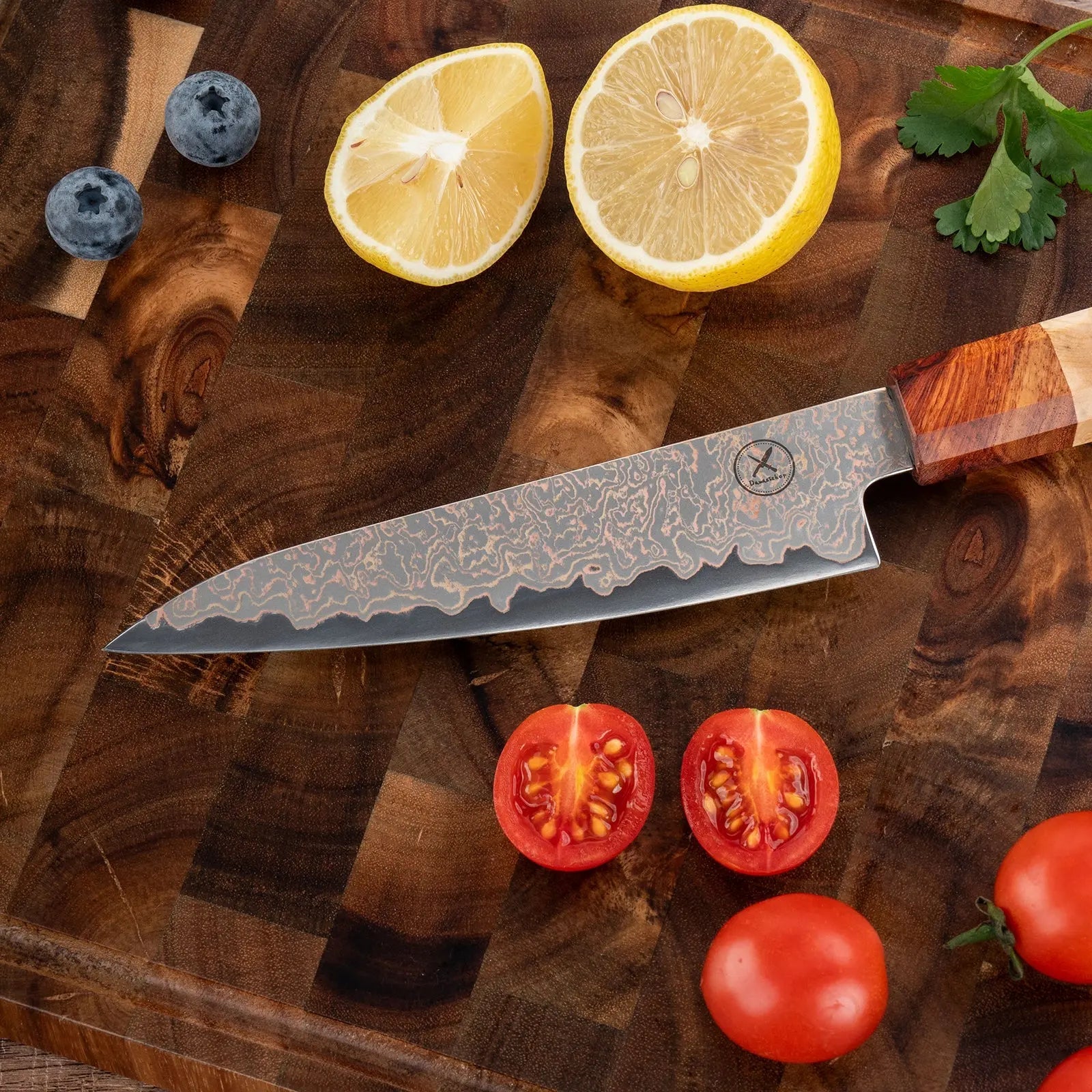 Dreifarbiges Kupfer-Damast Universalmesser Bergahorn und Padauk Wurzelholz Damastshop.de - Damastshop