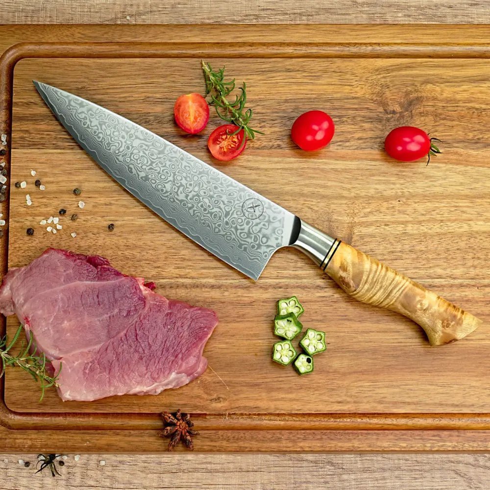 Damast Chefmesser Bergahorn mit Damast-Muster