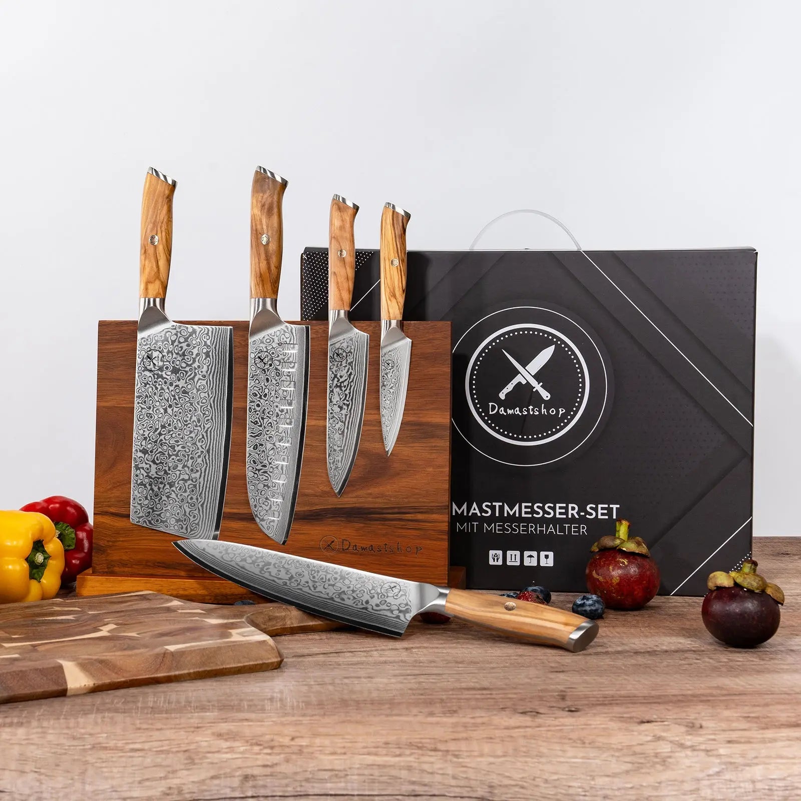 Damast Hackmesser 5er Set Olive mit Messerbrett draft Damastshop.de - Damastshop