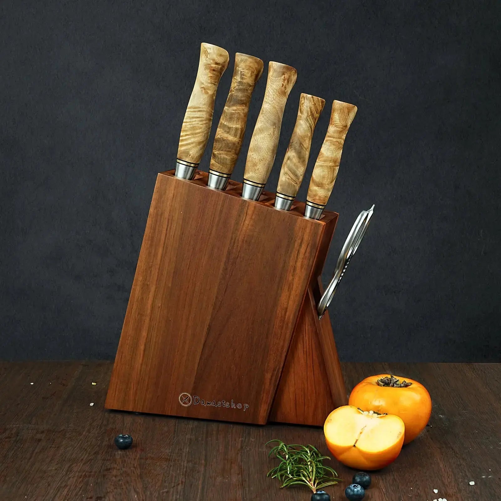 Damast Messer 5er Set Bergahorn im Akazien Messerblock mit Schere Damastshop.de - Damastshop