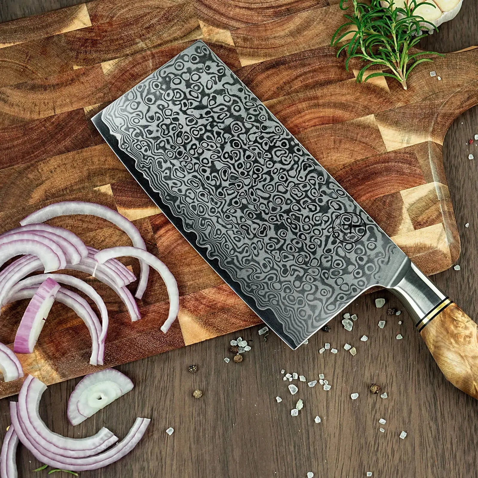 Damast Hackmesser 5er Set Bergahorn mit Messerbrett Damastshop.de - Damastshop