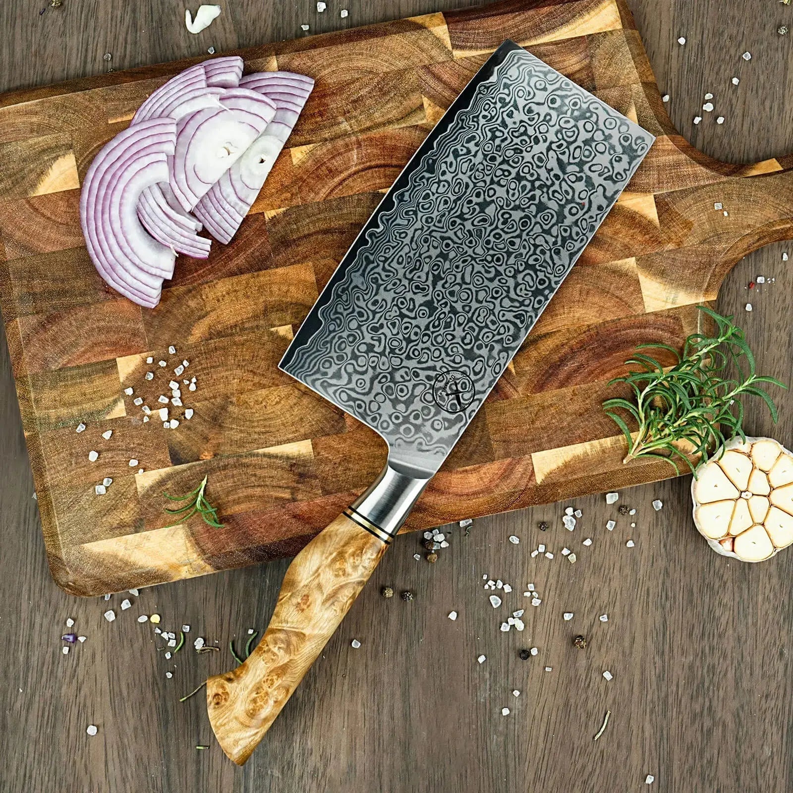 Damast Hackmesser 5er Set Bergahorn mit Messerbrett Damastshop.de - Damastshop