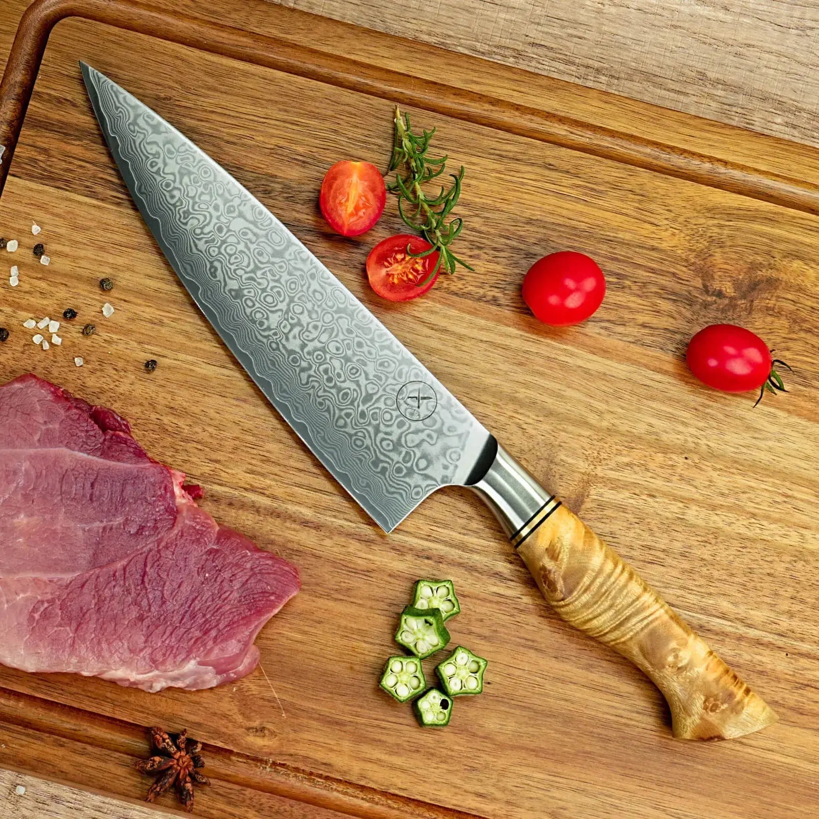 Damast Hackmesser 5er Set Bergahorn mit Messerbrett Damastshop.de - Damastshop