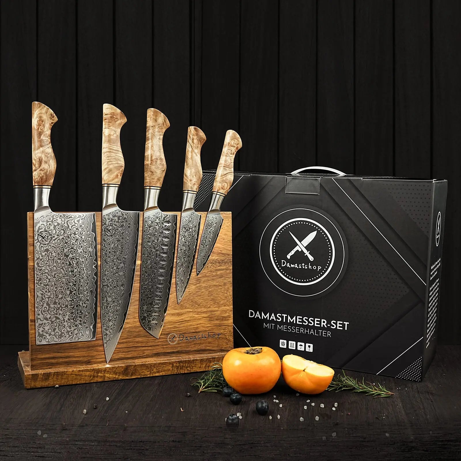 Damast Hackmesser 5er Set Bergahorn mit Messerbrett Damastshop.de - Damastshop