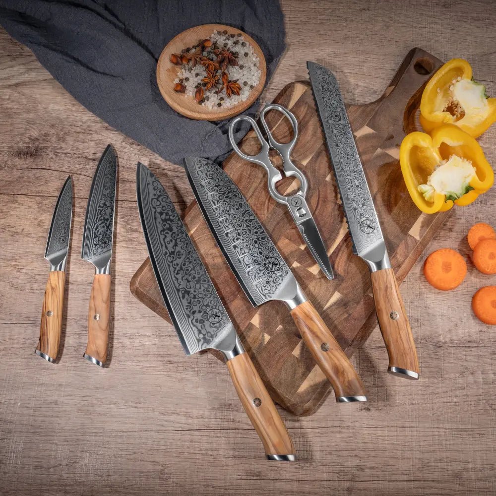 Damast Messer 5er Geschenkset Olive im Akazien Messerblock mit Schere Damastshop.de - Damastshop