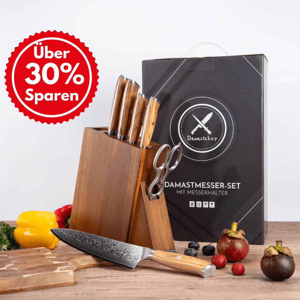 Damast Messer 5er Geschenkset Olive im Akazien Messerblock mit Schere Damastshop.de - Damastshop