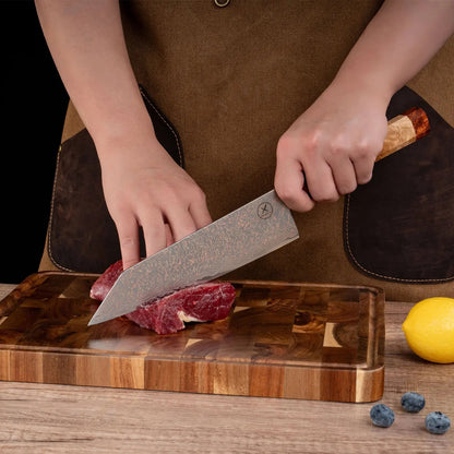 Dreifarbiges Kupfer-Damast Bunka Messer  Bergahorn und Padauk Wurzelholz Damastshop.de - Damastshop