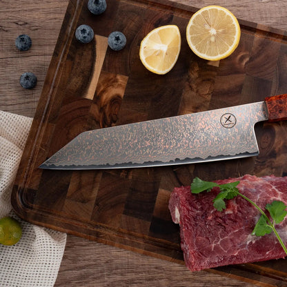 Dreifarbiges Kupfer-Damast Bunka Messer  Bergahorn und Padauk Wurzelholz Damastshop.de - Damastshop