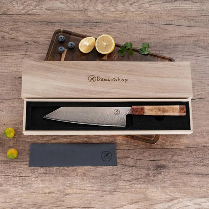 Dreifarbiges Kupfer-Damast Bunka Messer  Bergahorn und Padauk Wurzelholz Damastshop.de - Damastshop