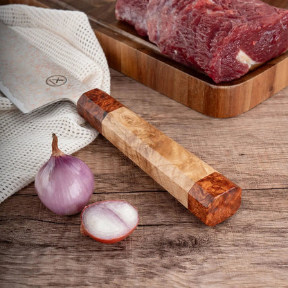 Dreifarbiges Kupfer-Damast Bunka Messer  Bergahorn und Padauk Wurzelholz Damastshop.de - Damastshop