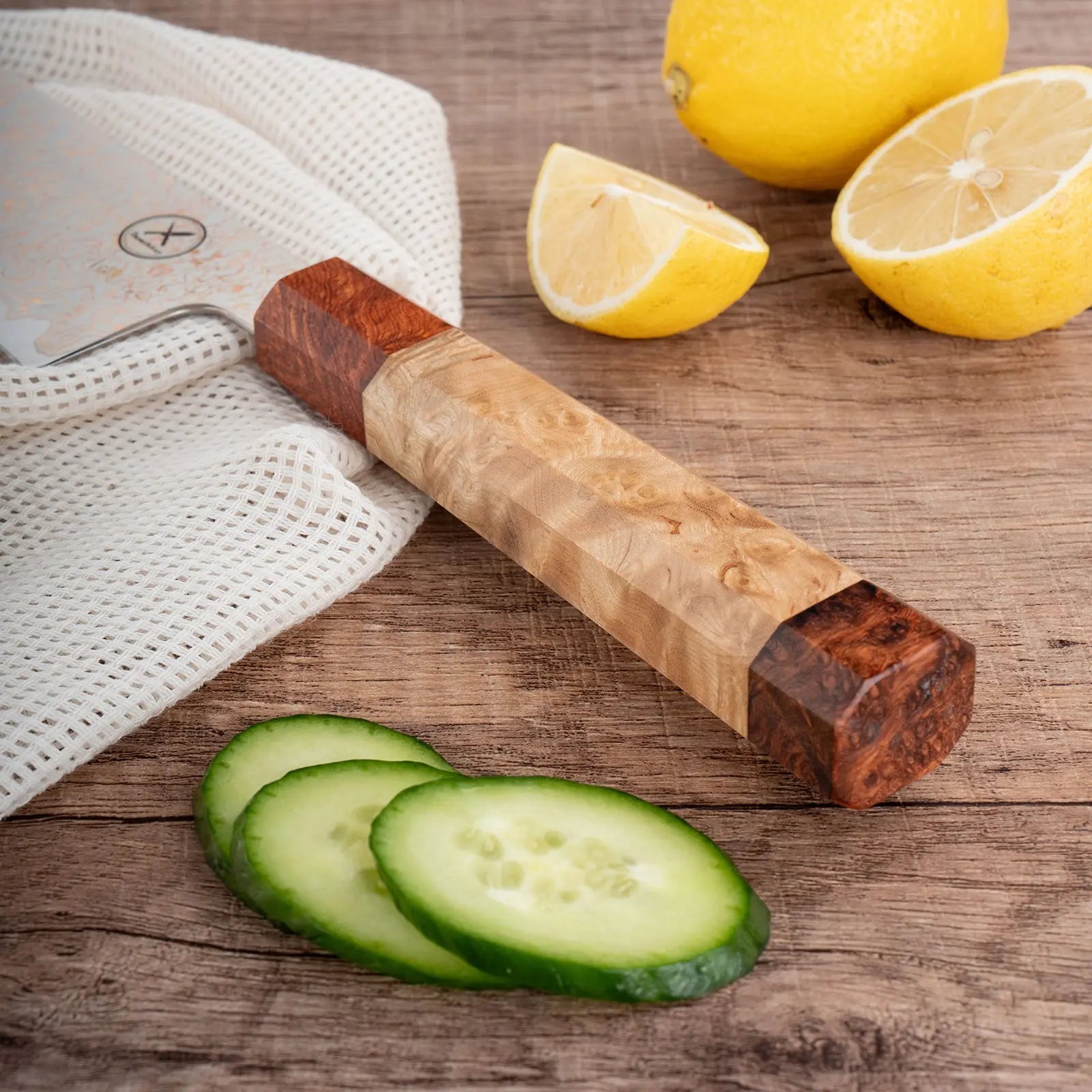 Dreifarbiges Kupfer-Damast Chefmesser Bergahorn und Padauk Wurzelholz Damastshop.de - Damastshop