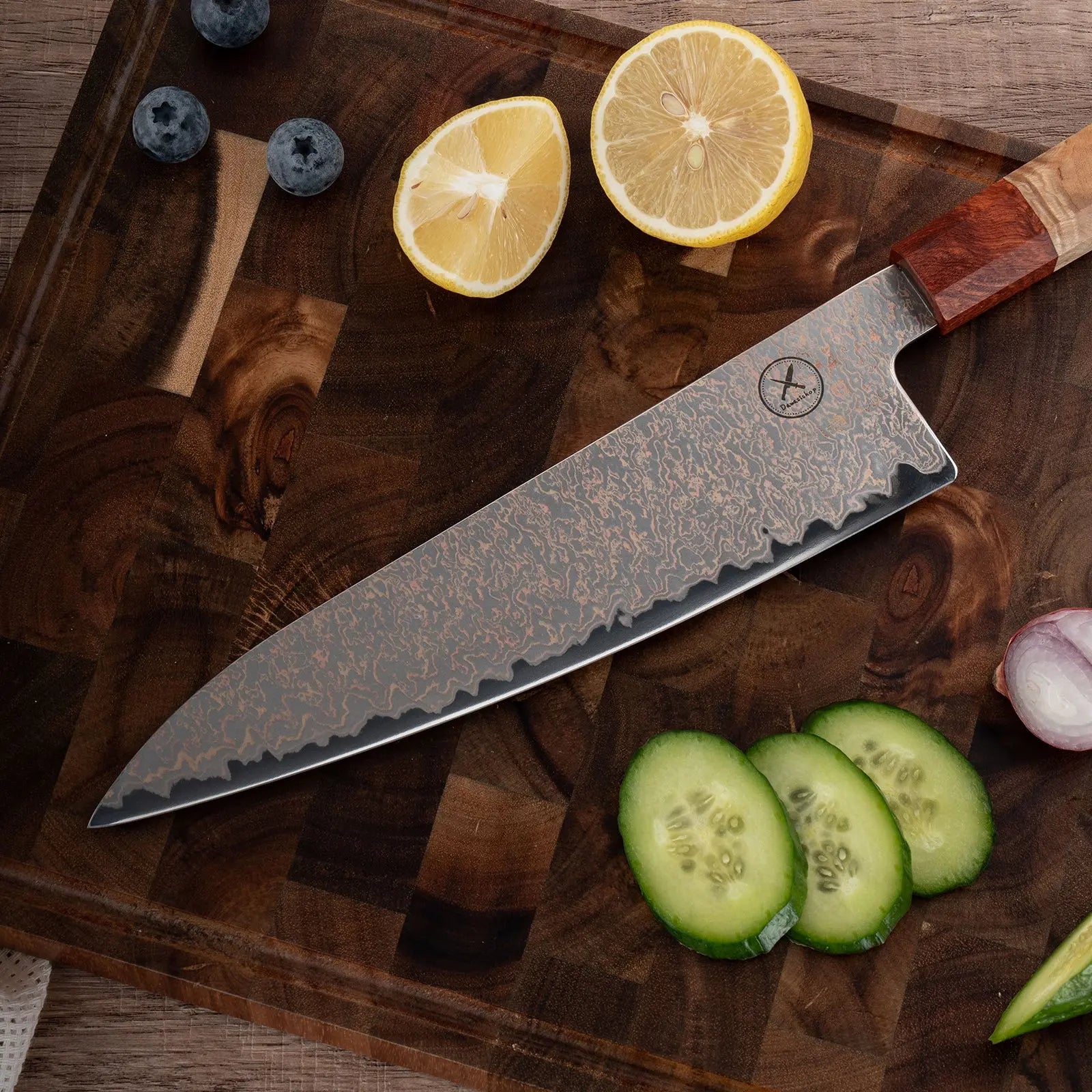 Dreifarbiges Kupfer-Damast Chefmesser Bergahorn und Padauk Wurzelholz Damastshop.de - Damastshop